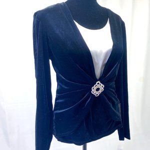 Vintage ONYX NITE Long Sleeve Velvet Diamond Gem Emblem Silk Blouse Shirt Top M